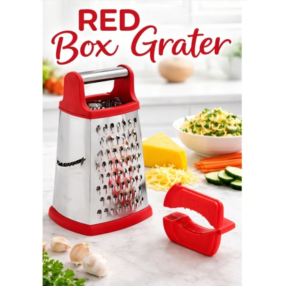 Prepology Stainless Steel Box Grater 4-Sided with 2 Catch Bins & Hand Guard Red‎